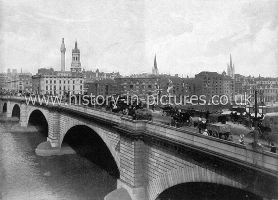 London Bridge Looking North-East, with The Monument in bachground, London. c.1890's